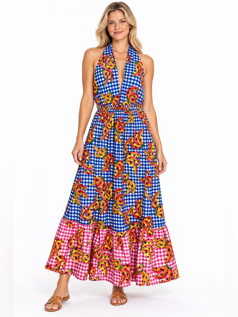 Farm Rio Size Large Blue & Pink Gingham Halter Maxi Dress with Floral Print